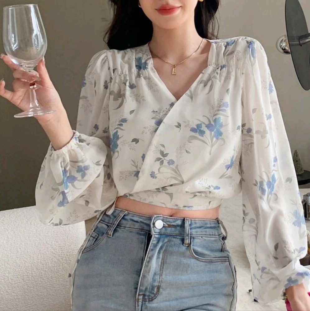 DAZY Women's Floral Print - White and Cream Tie Front Blouse with Relaxed Fit